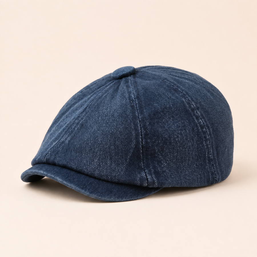 Denim Newsboy Cap on warm cream background
