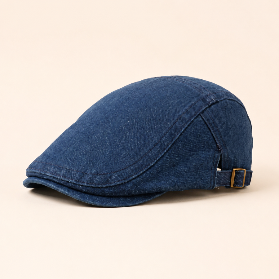 Raw Denim Cap on warm cream background