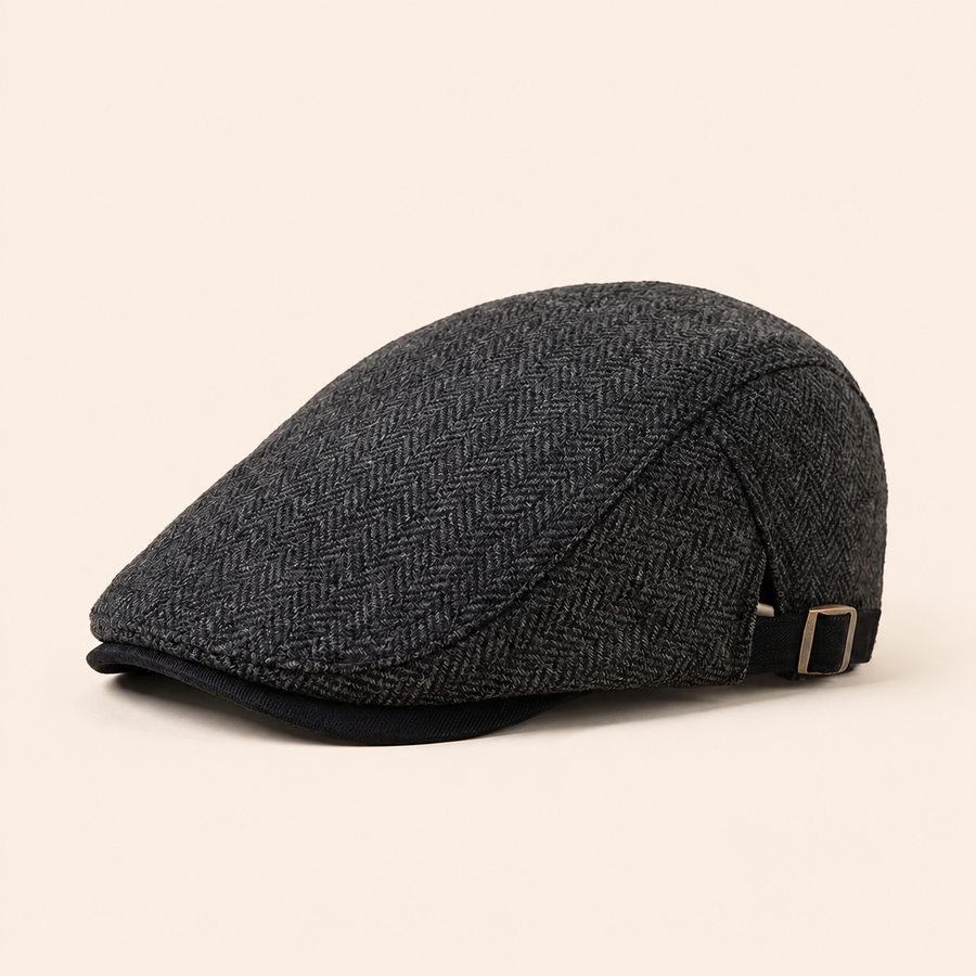 Herringbone Wool Driver Cap on warm cream background