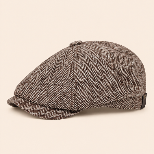 Herringbone Wool Cap on warm cream background