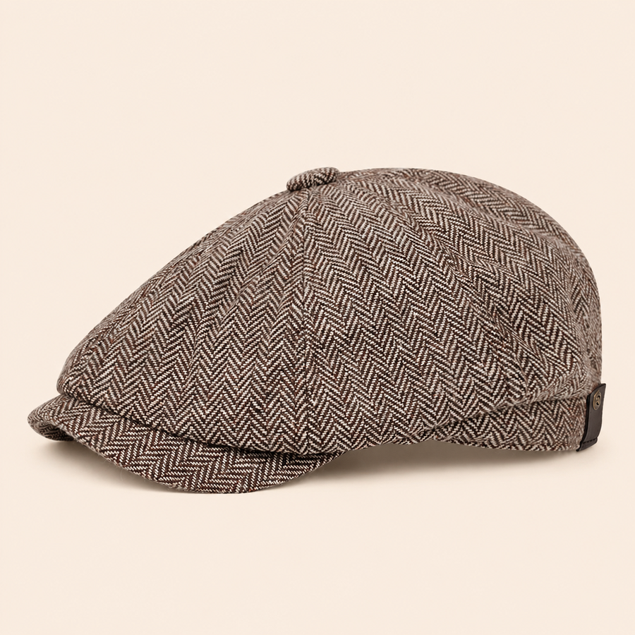 Herringbone Wool Cap on warm cream background